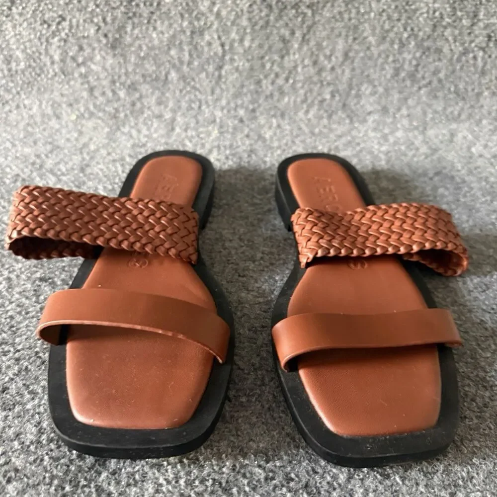 Aerosoles St. Lukes Woven Braided Slide Sandals Brown Leather Square Toe Size 8